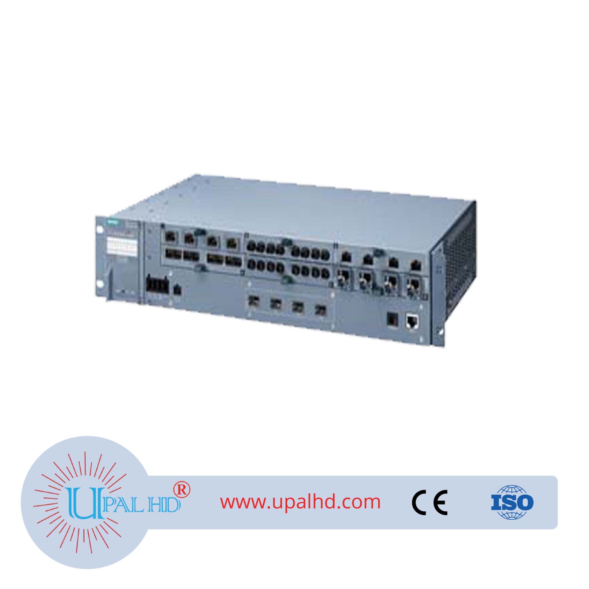 SCALANCE XR528-6M managed layer 3 switch, 4xSFP+, 6x for Medienm odule, PoE, front port.